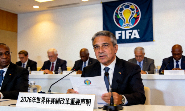 国际足联官方发布关于2026年世界杯赛制改革的重要声明，会议现场照片