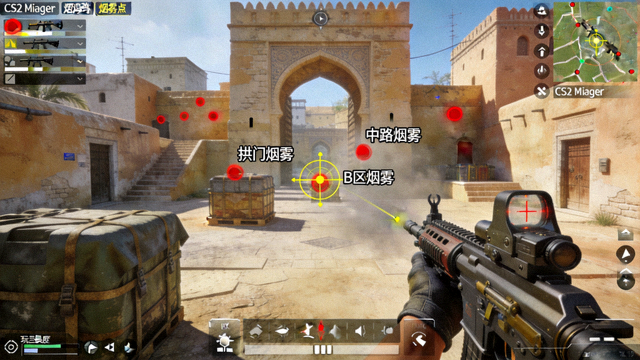 CS2 Mirage地图投掷物高清点位教学截图，标注烟雾弹落点与准星位置