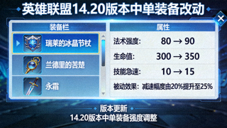 英雄联盟14.20版本中单装备改动的游戏界面截图，显示装备属性数值